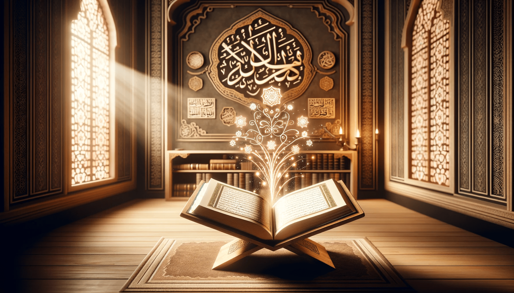 An open Quran resting in a softly lit room, evoking a quiet study space